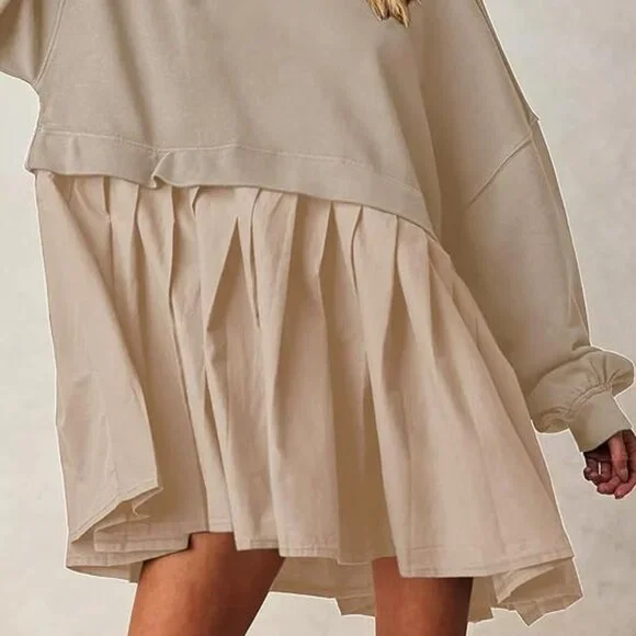 Dokuritu Women's Khaki Patchwork Crew Neck Long Sleeve Sweatshirt Mini Dress XS - Picture 3 of 11